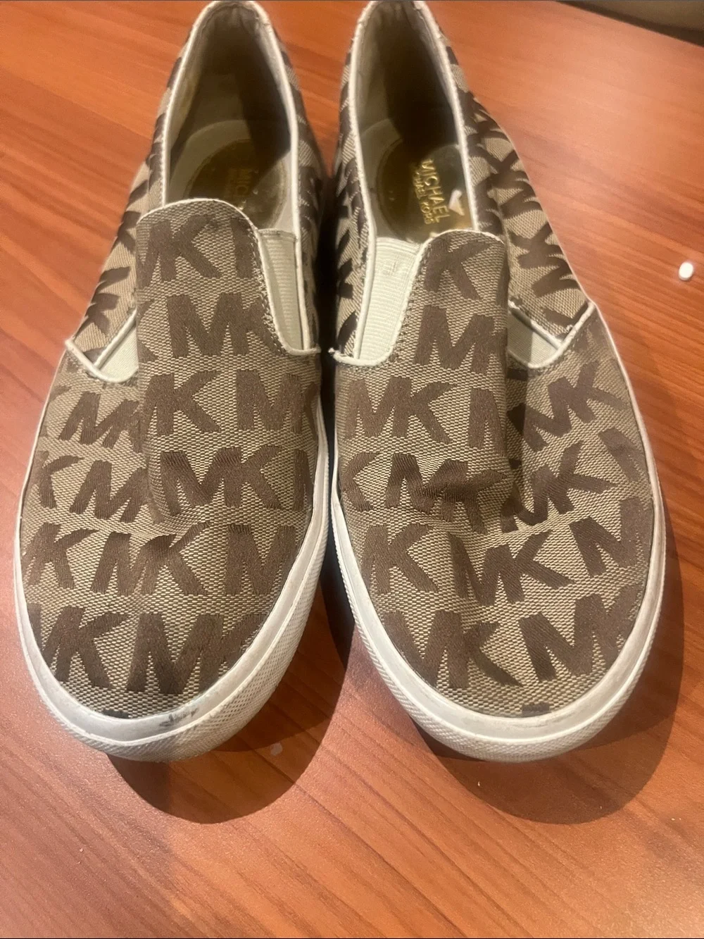 Michael Kors Brown and Cream MK Logo Slip-On Sneakers